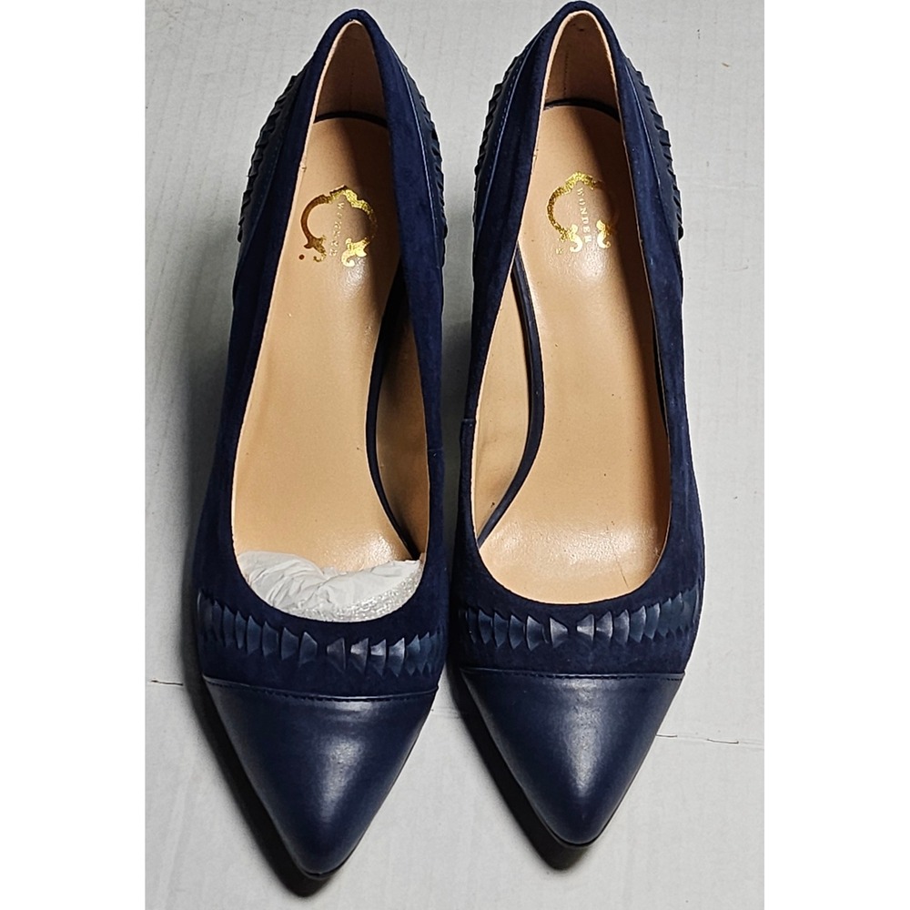 C Wonder Beatrice Navy Blue Suede Leather Block Heel Pumps Woven‎ Detail 5.5M